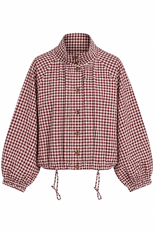Brown Plaid High Neck Shirt with Gathered Waist - 5173