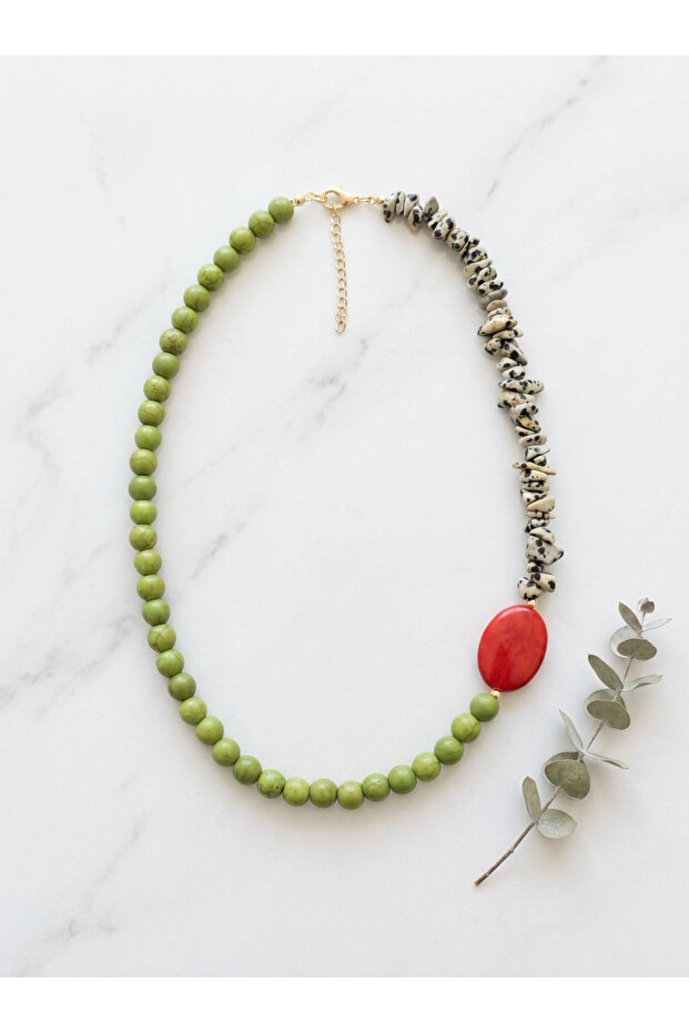 Asymmetrical Natural Stone Women's Necklace - Green and Red Howlite, Dalmatian Jasper Beaded | Anguria