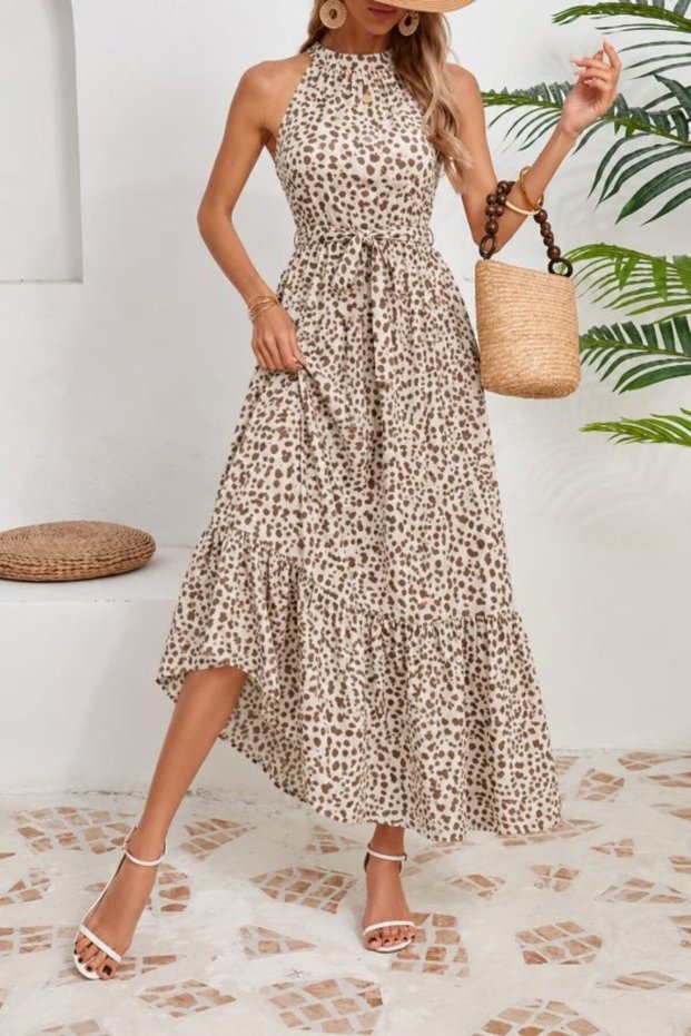 Women's Beige Leopard Print Halter Neck Sleeveless Belted Waist Ruffle Maxi Long Dress