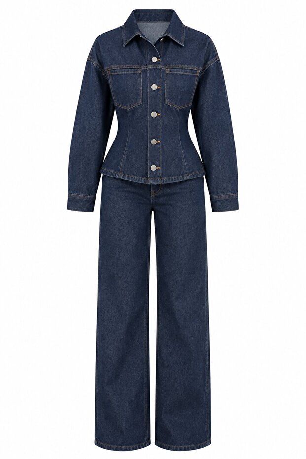 Navy Blue Waist-Slit Jacket and Trousers Denim Set - 0847