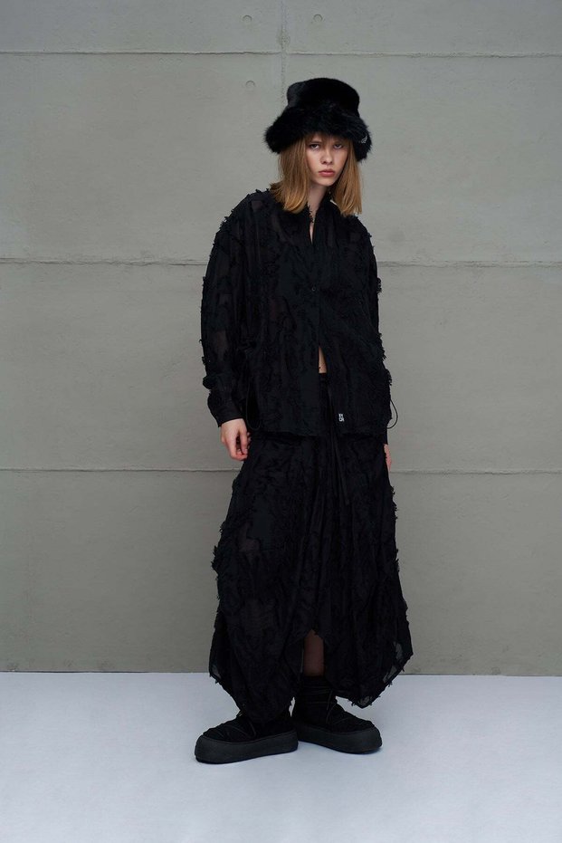 Black Semi-Transparent Tasseled Midi Skirt 18170