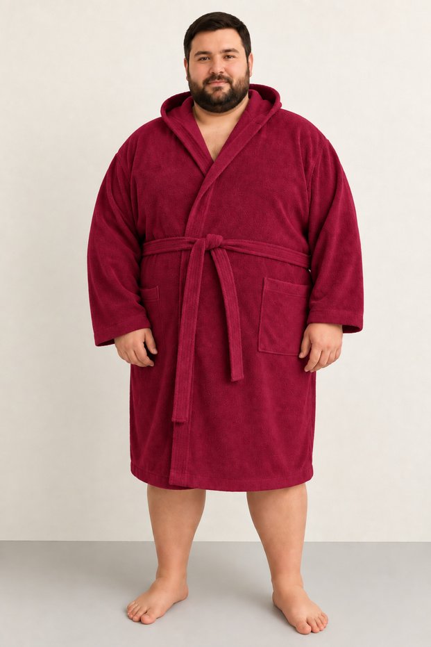 Burgundy Colored Mega King Size Unisex Cotton Hooded Luxury Bathrobe (5Xl-6Xl-7Xl Sizes)