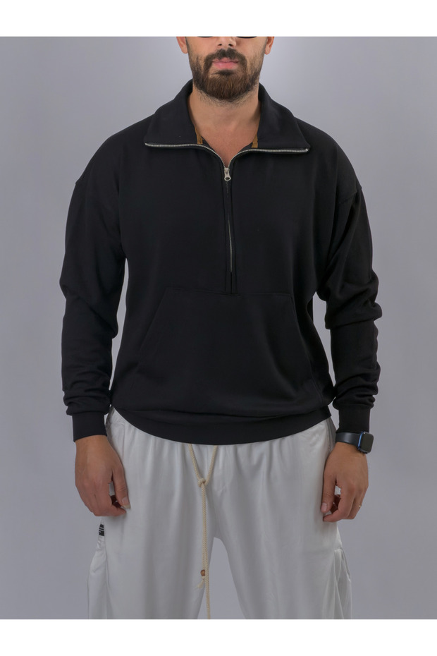 Zippered Polo Collar Black Men's Sweatshirt Coc3521