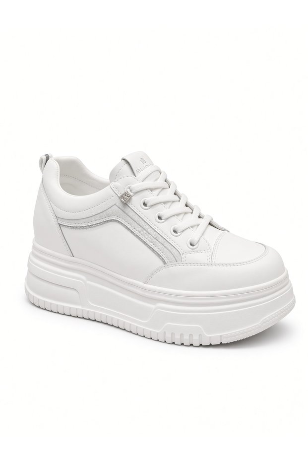 Women's White Platform Sneaker 5 cm Heel - Lace-Up Thick Sole Casual Shoes