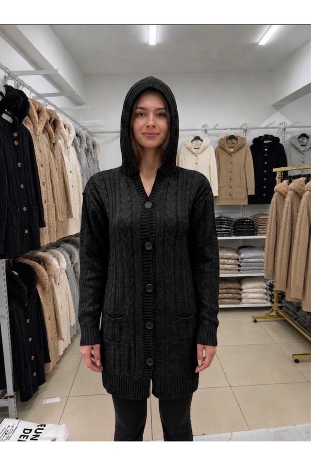 Women's Hooded Buttoned Pocket Soft Textured Knitwear Cardigan