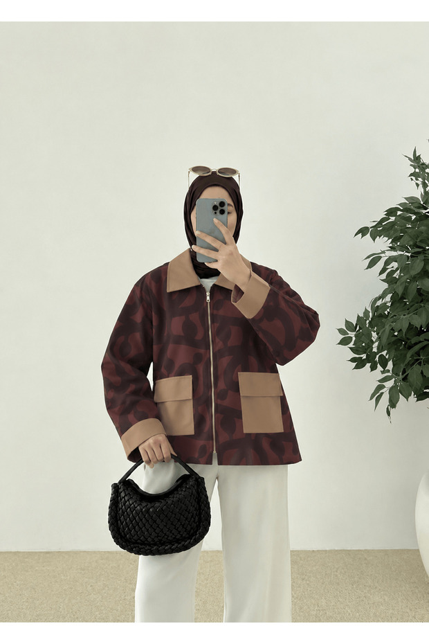 Patterned Pocket Cover Trench - 7010 - Claret Red & Beige