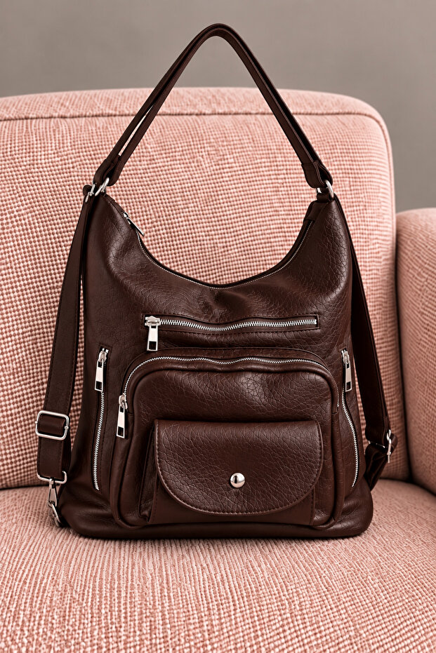 Women's Brown Multi-Compartment Soft Leather Adjustable Strap Flap Shoulder and Backpack Bag