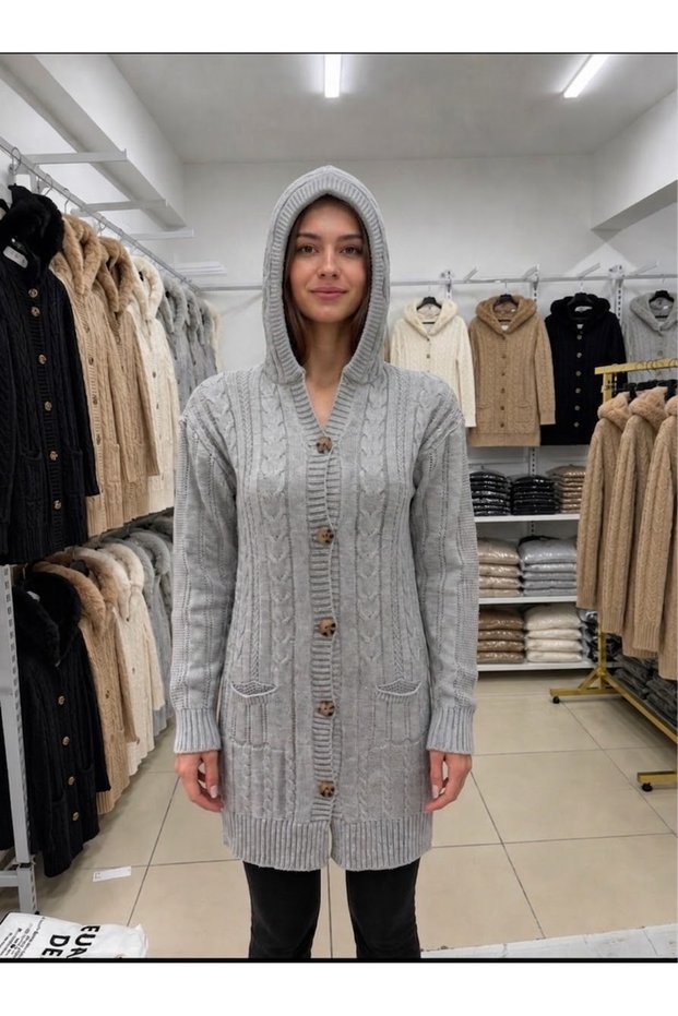 Women's Hooded Buttoned Pocket Soft Textured Knitwear Cardigan