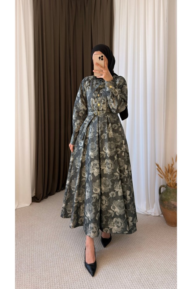 Shirt Collar Digital Rose Printed Dress - 1354 - Smoked