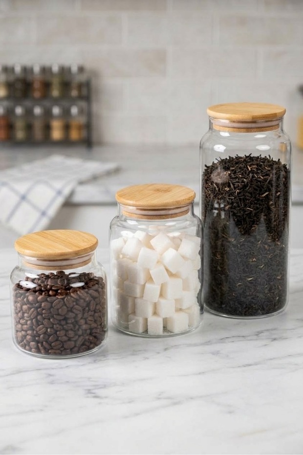 Set of 3 wooden lid tea & sugar & turkish coffee jar vacuum storage container 1300/800/500 ml