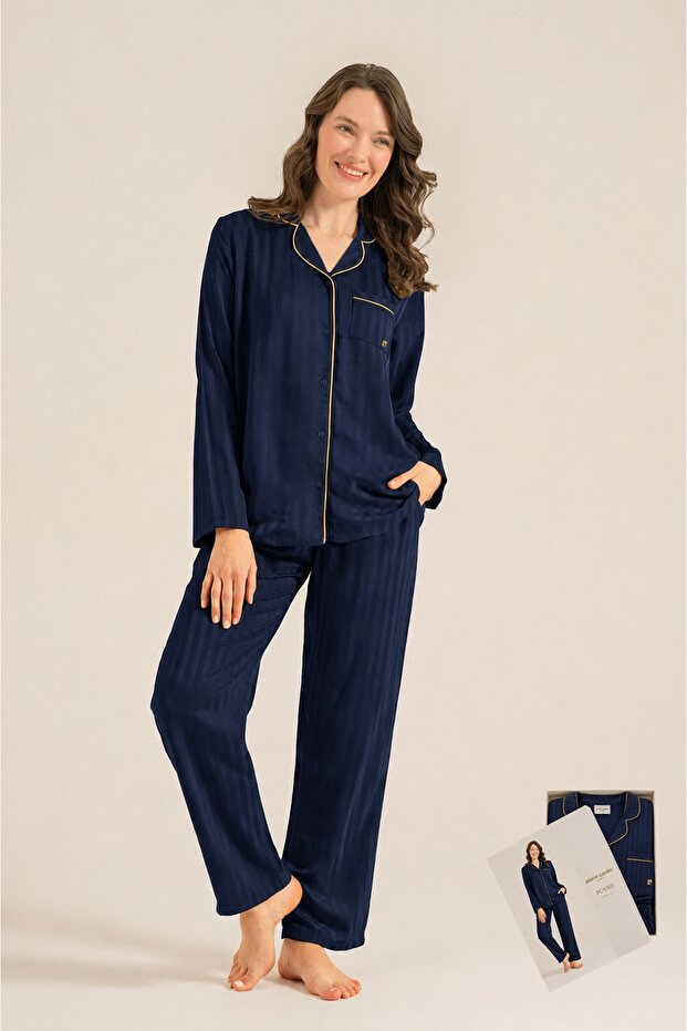 Long Sleeve Front Button Satin Shirt Women's Pajama Set