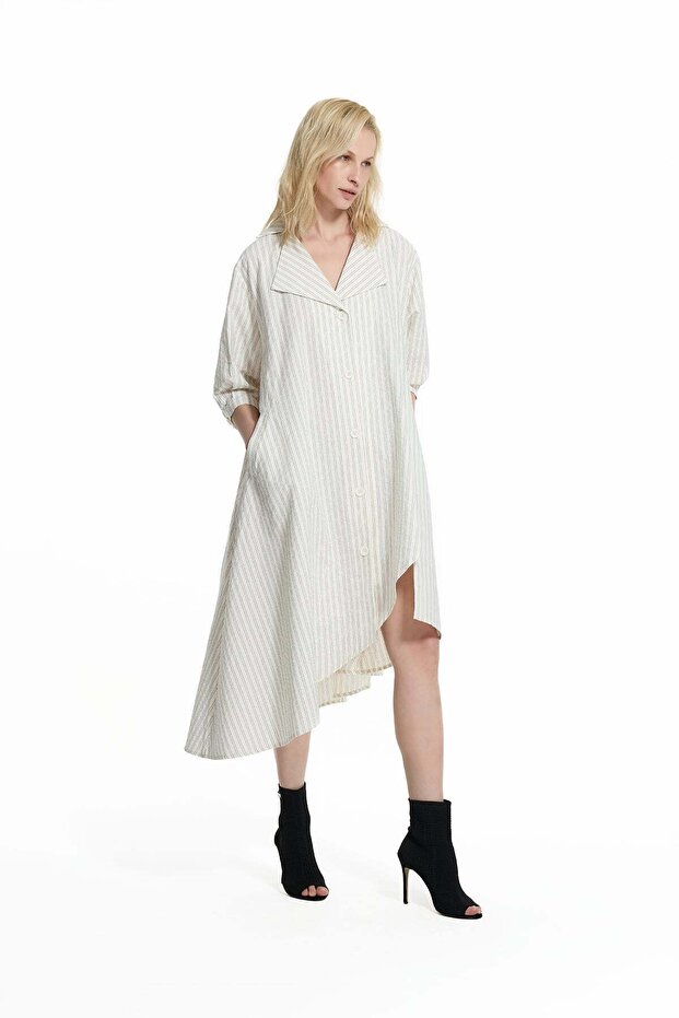 Cream Striped Asymmetrical Midi Dress 19181