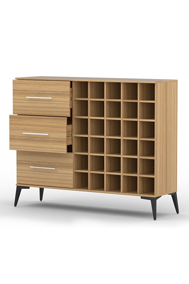 Wooden Wine Cabinet with 30 Bottle Storage Compartments and 3 Drawers, Freestanding Wine Rack Cabinet Ideal for Home Bar, Living Room and Dining Room - Coco Bolo