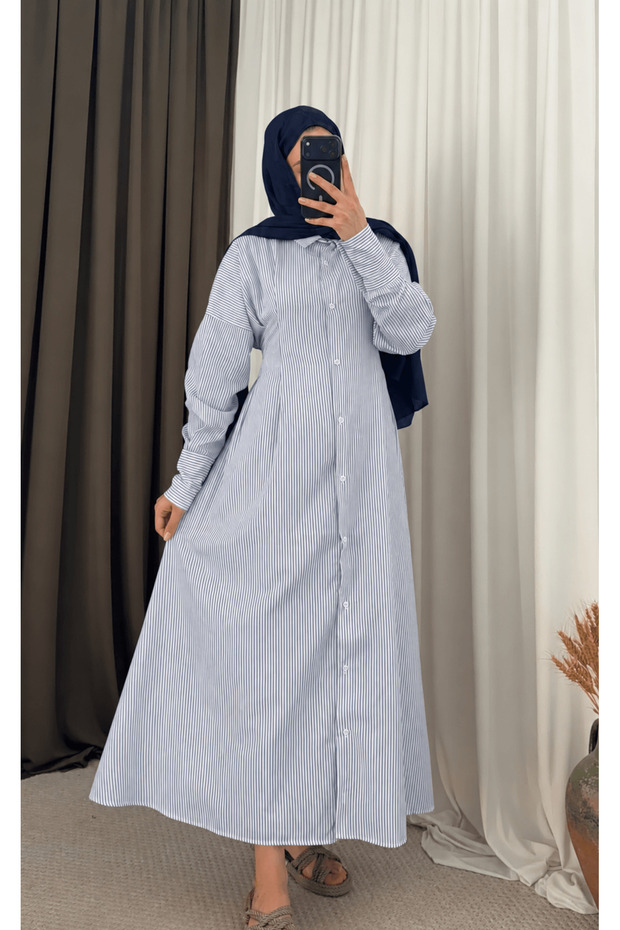 Slim Striped Dress with Pencil Detail on the Front - White & Blue