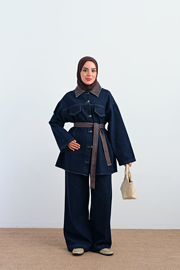 Women's Double Pocket Detail Waist Tie Jeans Set Navy Blue
