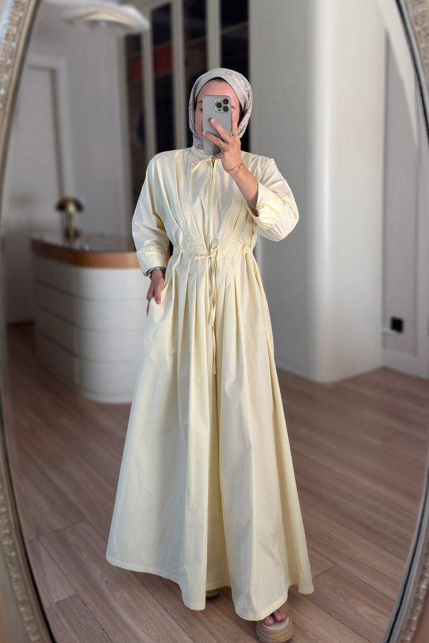 Pile Detailed Flared Dress - Yellow