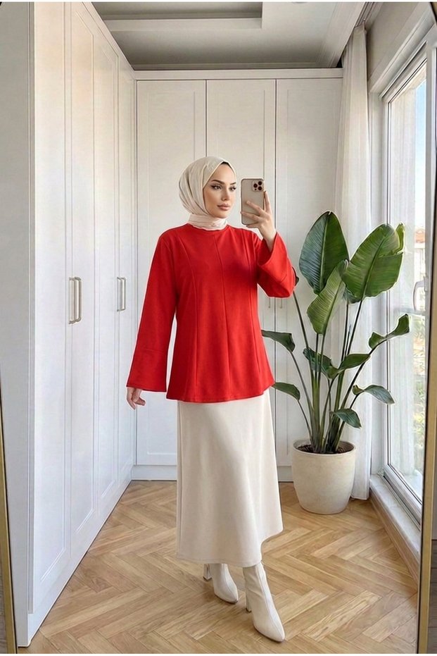 Women's Tunic Blouse with Crossed Lace-Up Back and Corsage Detail, 70 cm