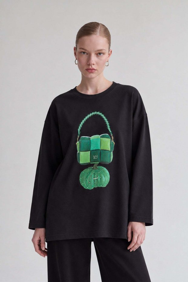 Relaxed Fit Patterned Thin Sweatshirt Black