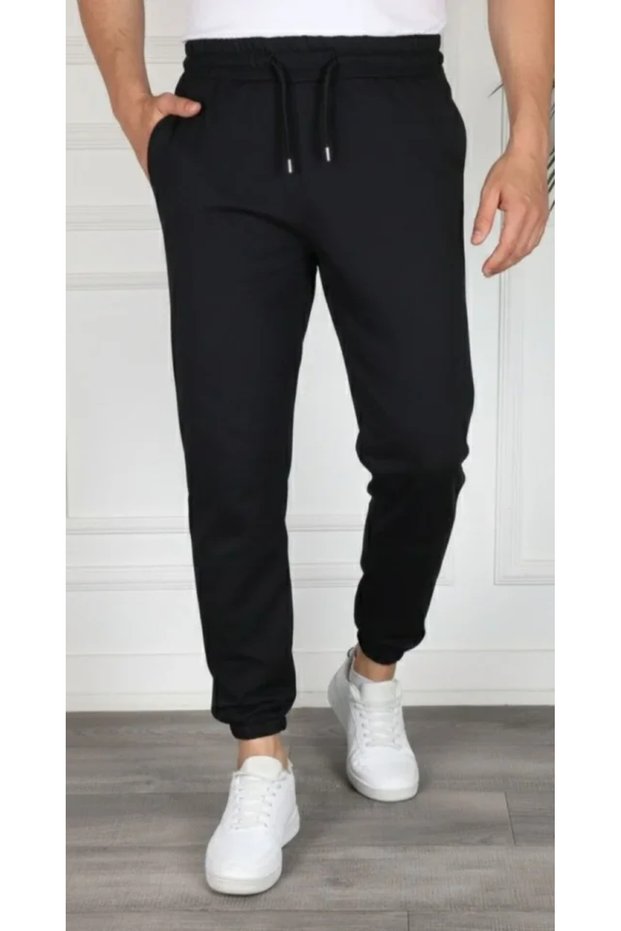 Men's Jogger Sweatpants, Comfortable Fit, Pockets, Elastic Cuffs, Casual Sports Trousers - Black