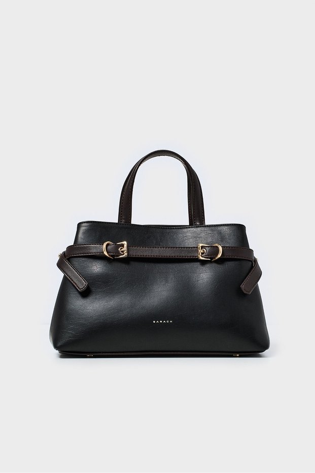 Double Color Belt Detail Hand and Shoulder Bag - Black