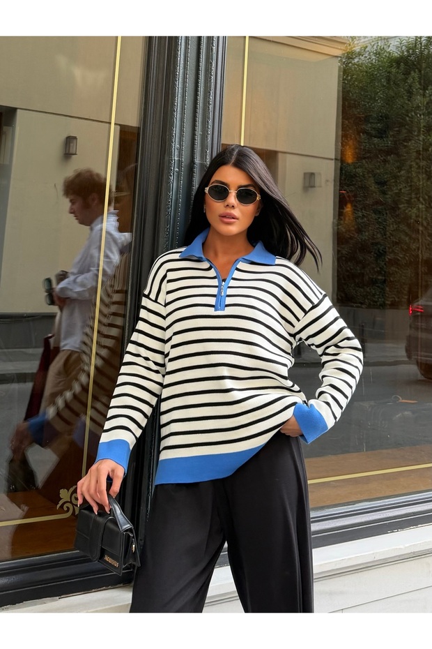 Women's Blue Zippered Striped Polo Collar Premium Knitwear Sweater