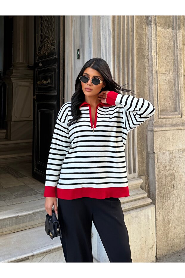 Women's Red Zippered Striped Polo Collar Knit Sweater