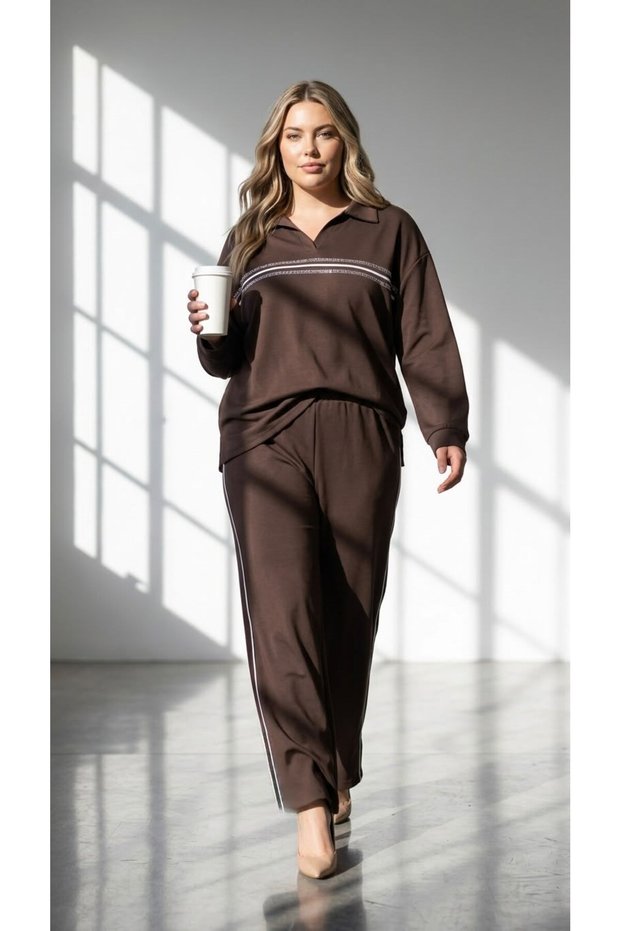 Women's Plus Size Long Sleeve Stone Detailed Tracksuit Set 8309-27