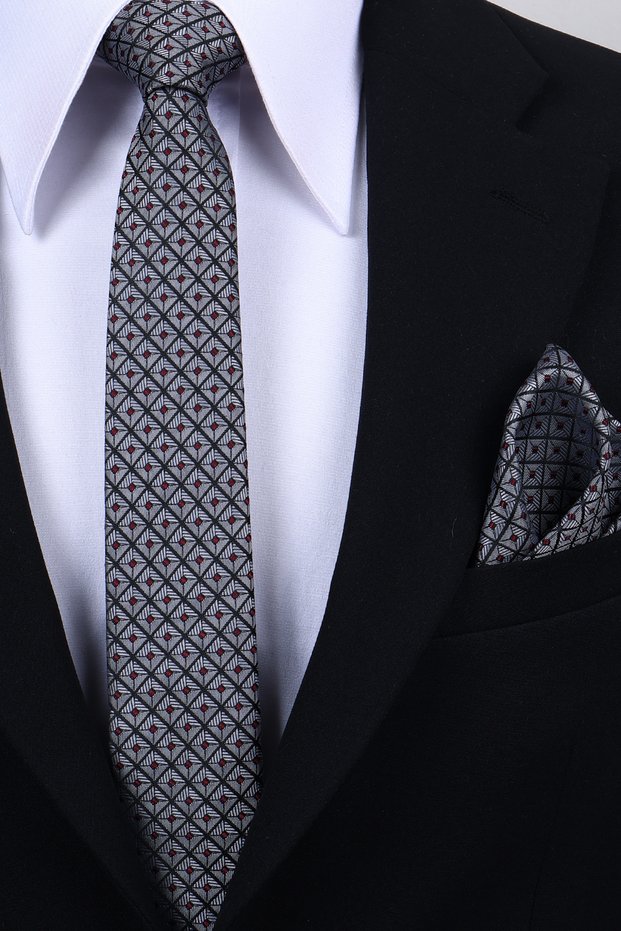 Hand Made 6 cm Checkered Pattern Gray-Red Color Handkerchief Tie