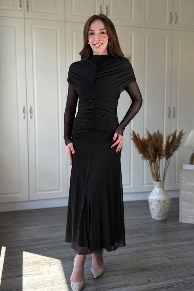 Draped Midi Tulle Dress with Shoulder Detail