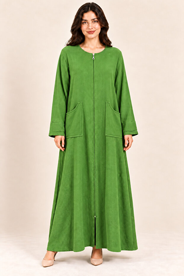 Women's Cotton Fabric Double Pocket Zippered Long Sleeve Robe Suitable for Umrah
