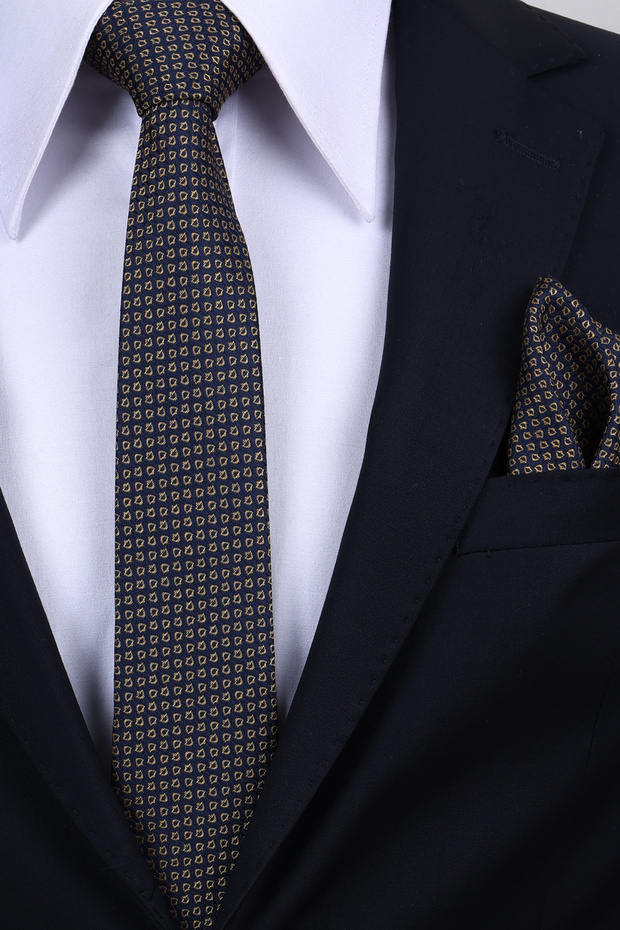 Hand Made 6 cm Small Patterned Yellow - Navy Blue Color Handkerchief Tie