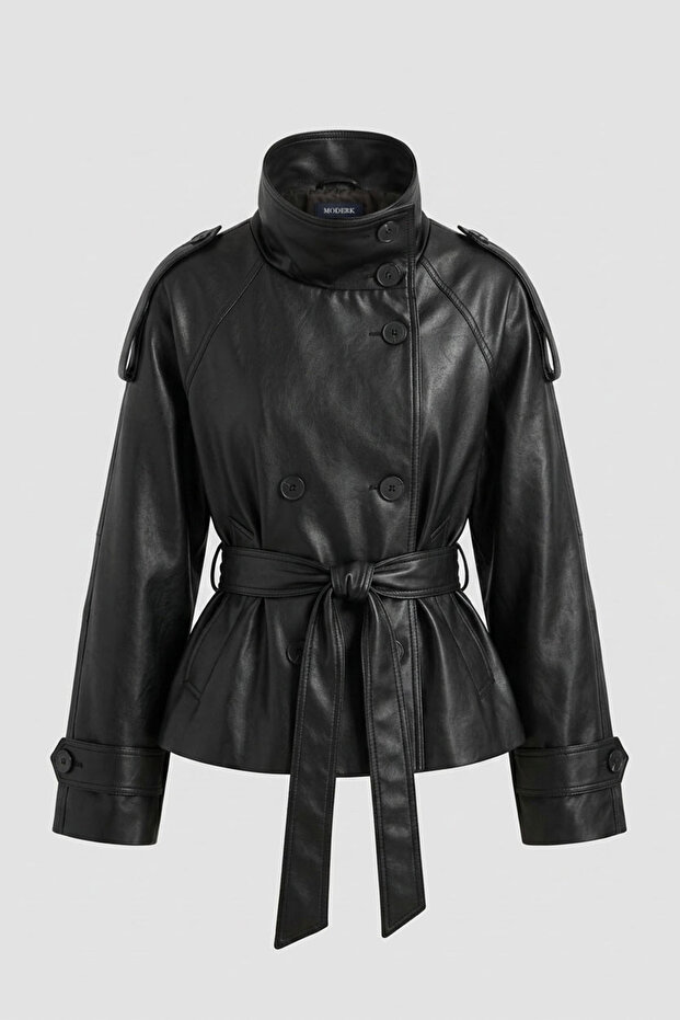 Faux Leather Stand Collar Lined Women's Leather Jacket