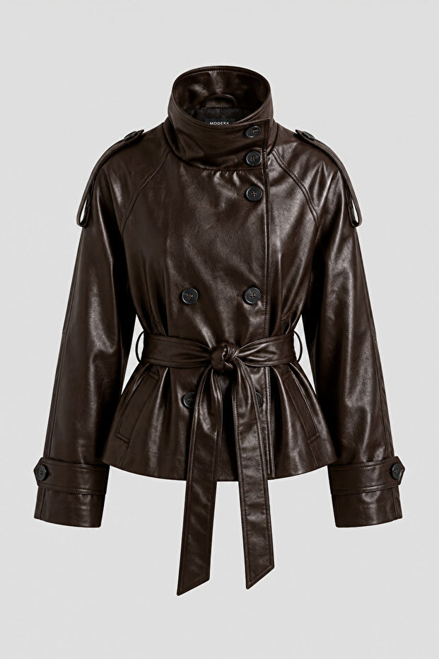 Faux Leather Stand Collar Lined Women's Leather Jacket