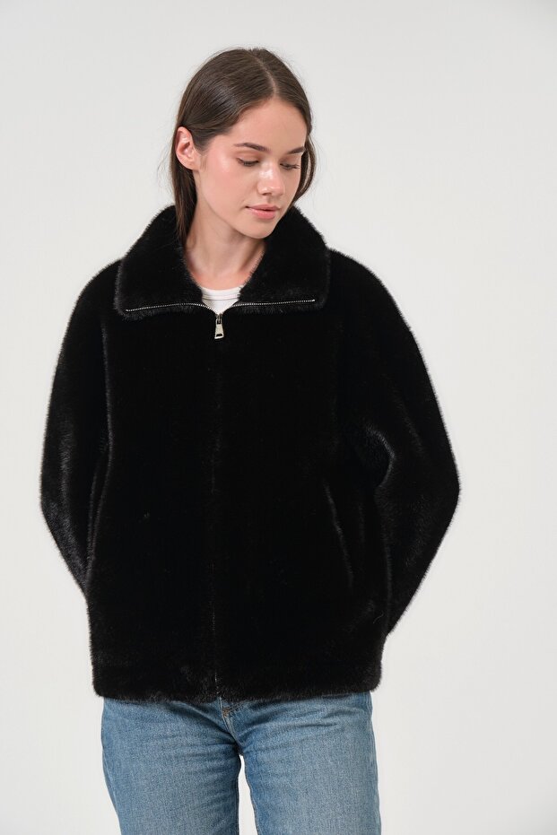Women's Black Coat Faux Fur Suede Zipper Jacket