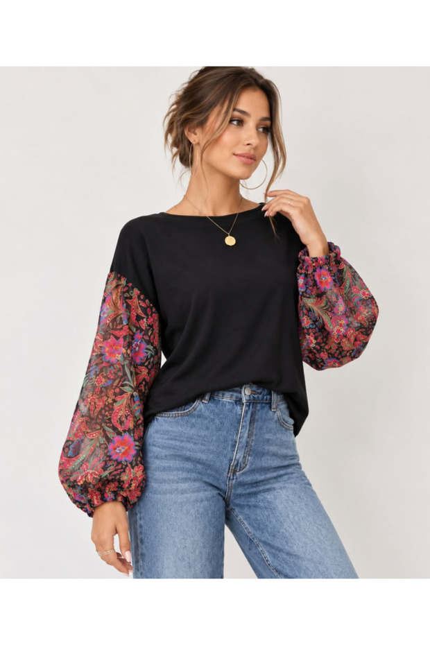 Floral patterned chiffon sleeve black knitwear