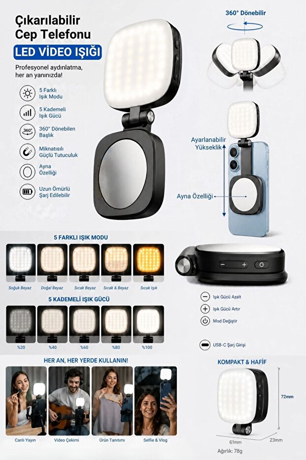 ® Magnetic Cell Phone Led Video Light with Detachable Mirror, 5 Different Light Modes & 5
