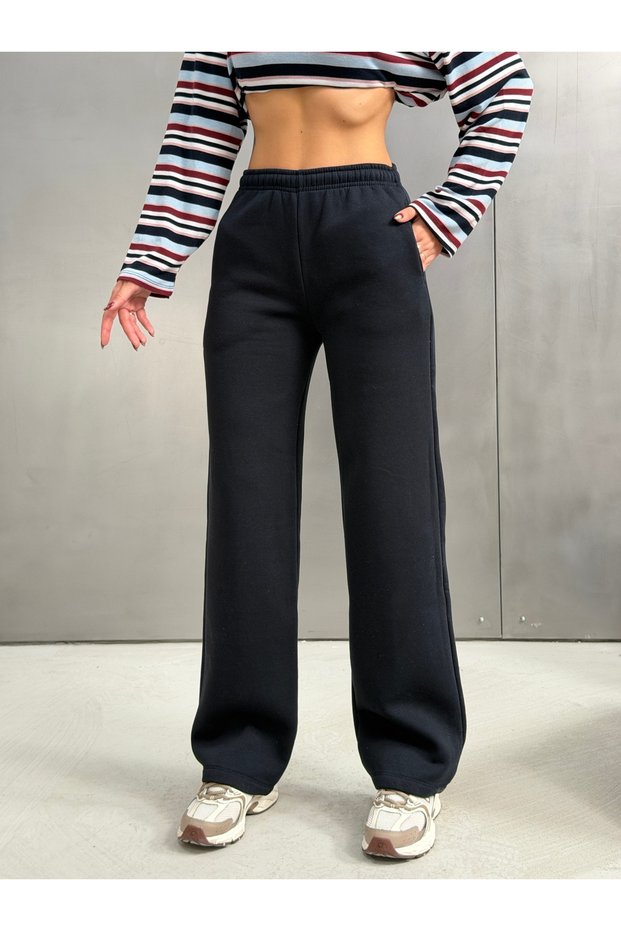 Women's 100% Cotton 3-Thread Ribbed Lace-Up / Wide-Leg Sweatpants / Navy Blue