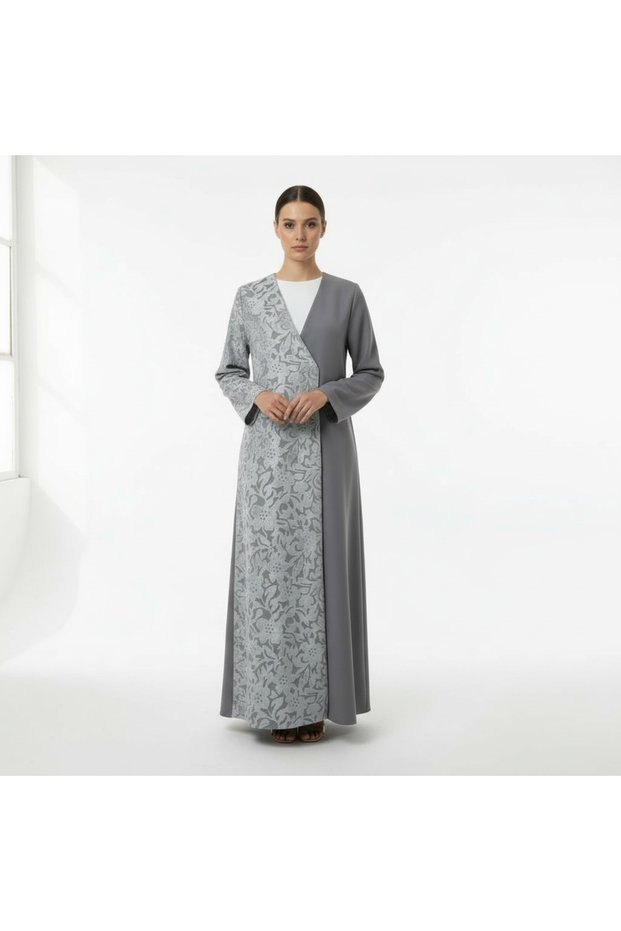 Double material gray blazer abaya-2 - s