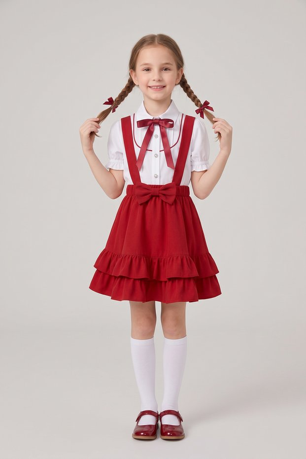 Girl's Red Bowknot Red Piping Short Sleeve Shirt Red Bowknot Layered Double Ruffle Salopet October 29 April 23 Show Outfits