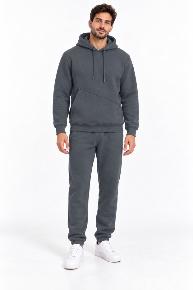 3-Thread Soft Puff Fabric with Side Pockets, Comfortable Fit, Long Length Men's Smoked Tracksuit Set