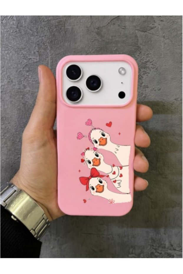 iPhone 17 Pro Max Compatible Triple Cute Duck and Red Bow Patterned Pink Case