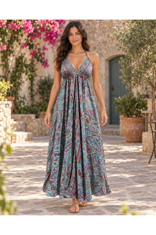 Blue Color Halter Neck Silk Dress with Gold Detail and Low Back Cutout