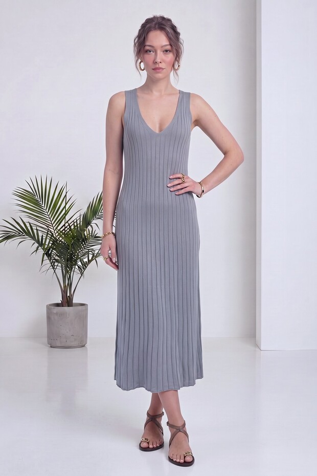 Women's V-Neck Thick Strap Ribbed Knitwear Midi Dress Anthracite, Navy Blue, Brown
