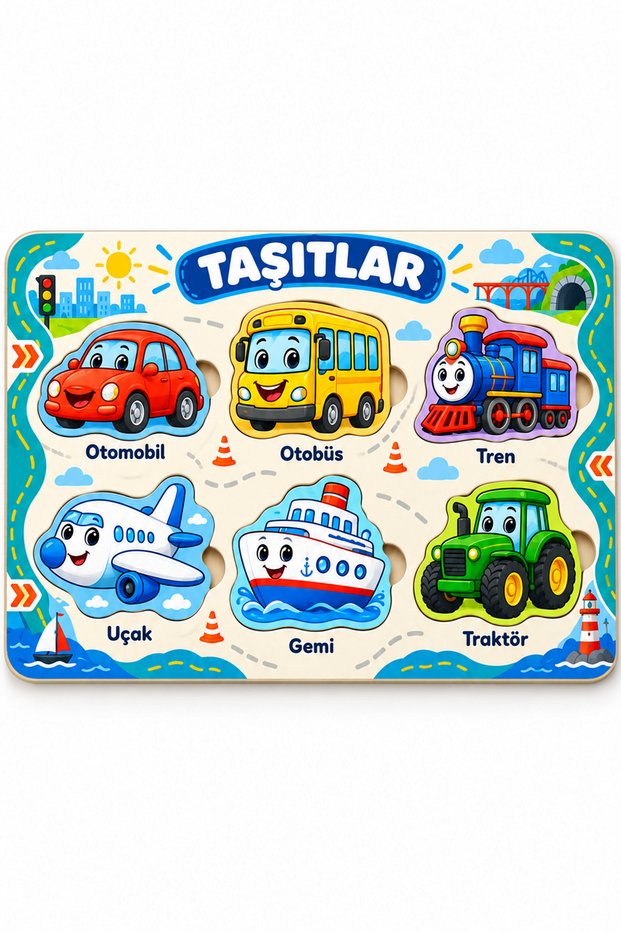 Vehicles Themed Educational Puzzle Board with 6 Figures 27X18 cm 3 mm Mdf Ages 2+