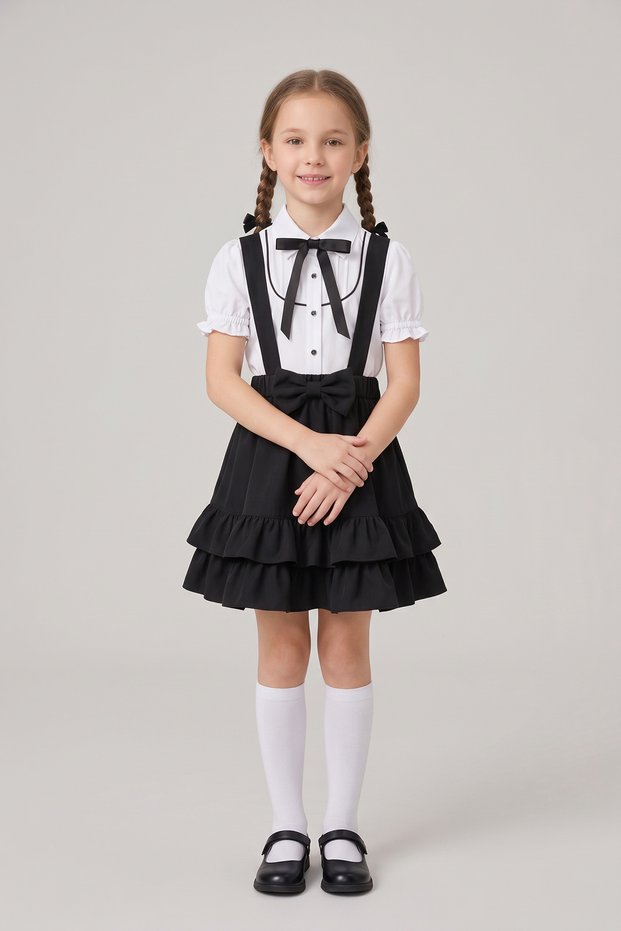 Girl's Black Bow-Tie Short-Sleeved Shirt with Black Piping Layered Double Ruffle Salopet with Black Bow-Tie April 23 October 29 Show Outfit