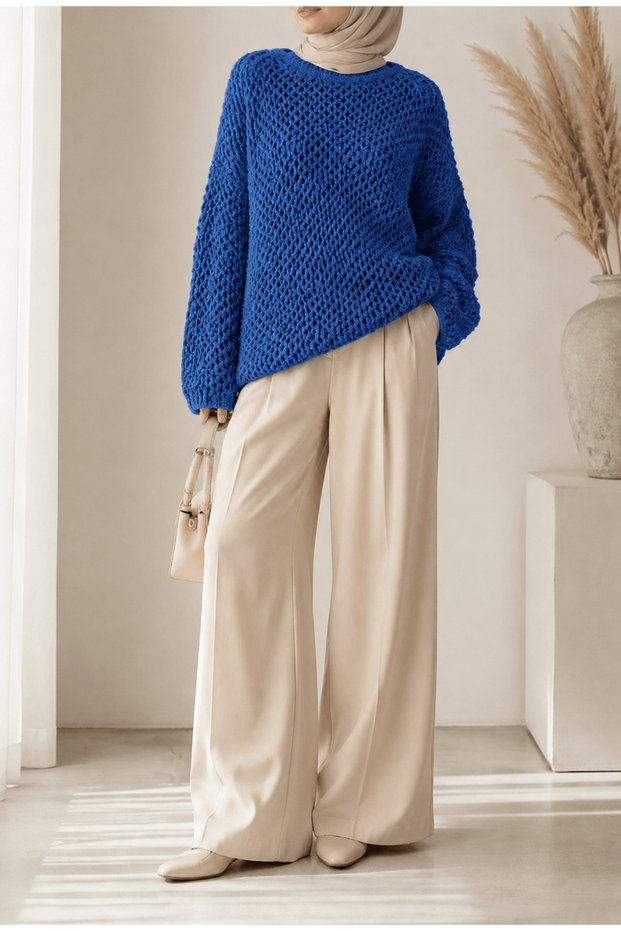 Openwork Knitted Sweater - Saks Blue
