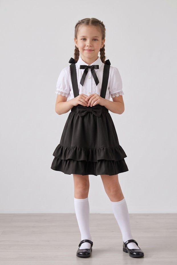 Girl's Black Bow Lace White Short Sleeve Shirt Black Bow Double Ruffle Salopet April 23 October 29 Show Outfit