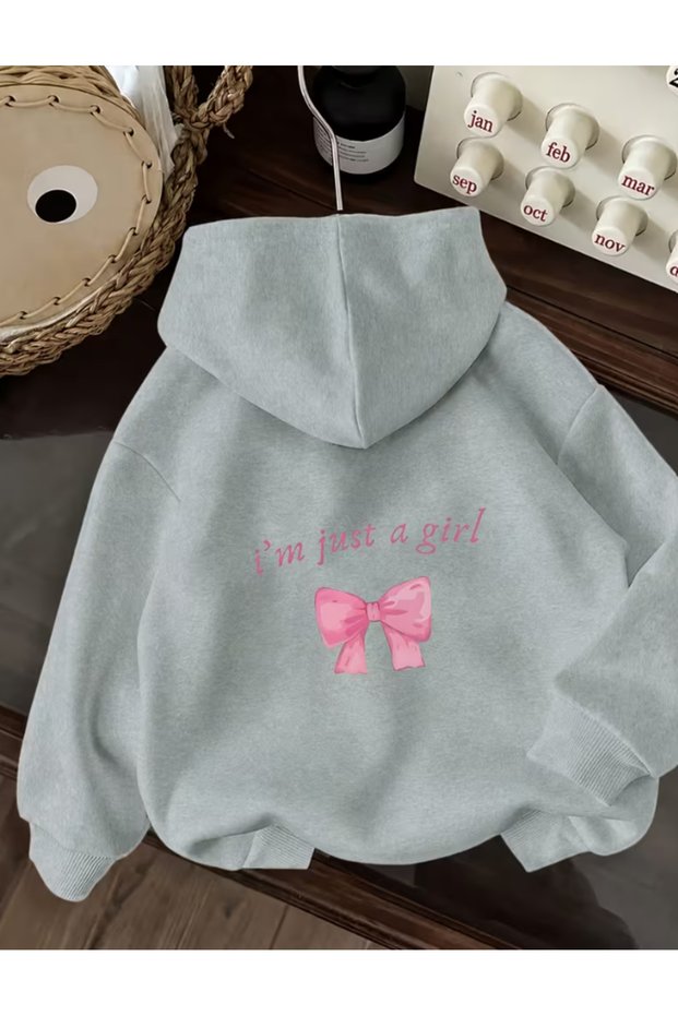 I'M Just a Girl Printed Pink Bow Detail Premium Hooded Oversized 2 Thread Count Oversize Sweatshirt Hoodie for Women
