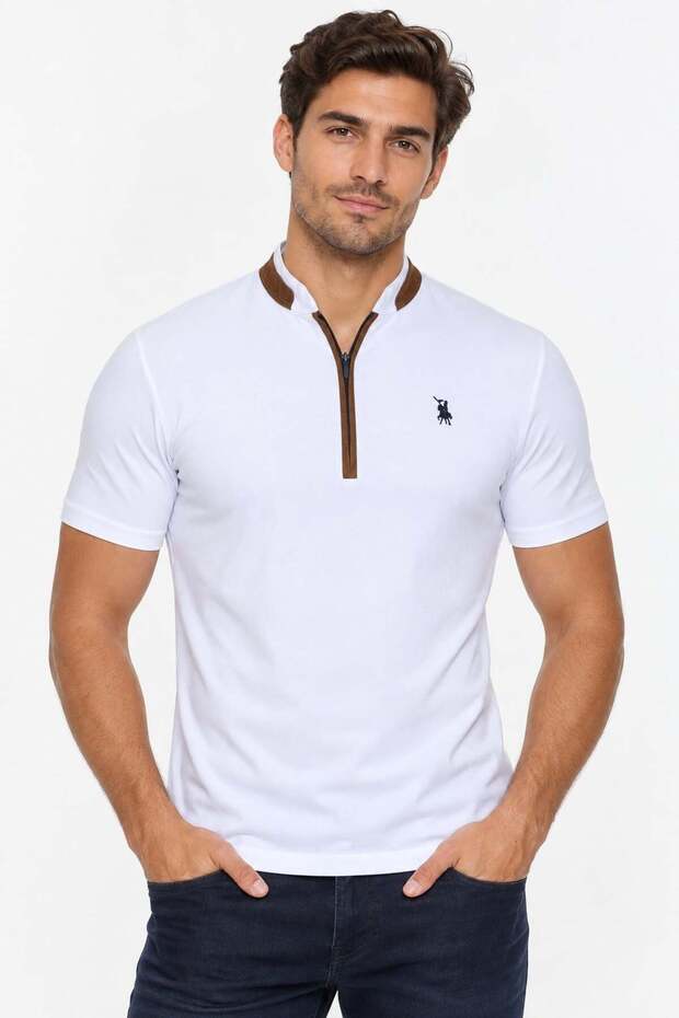 Men's Zippered Cotton T-Shirt White Optical T9571