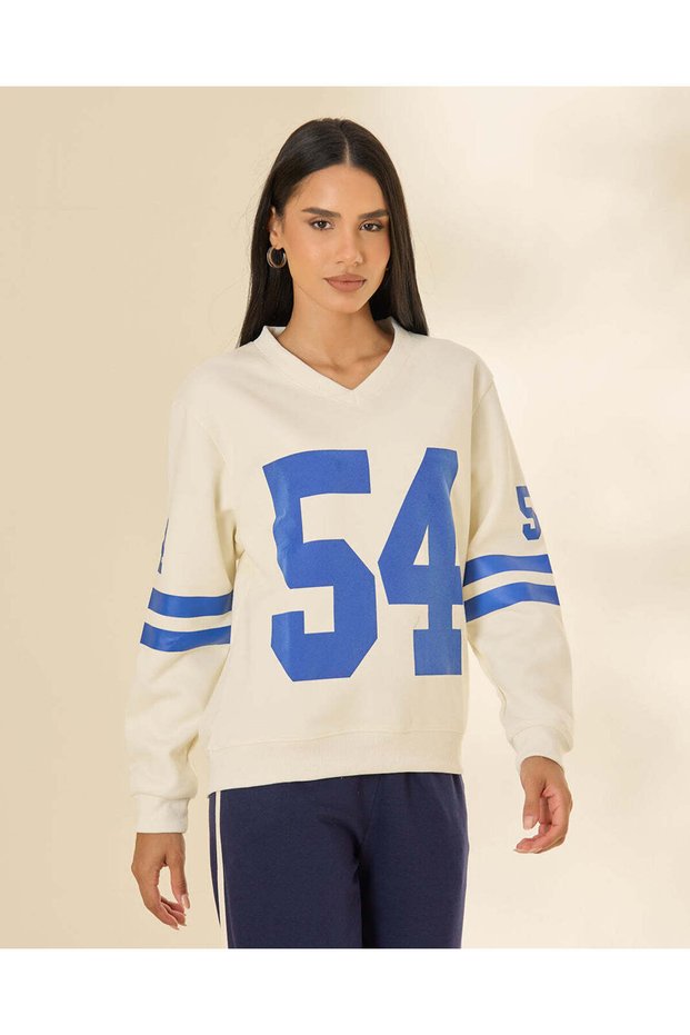 Women Ivory And Blue Graphic Oversized Sweatshirt